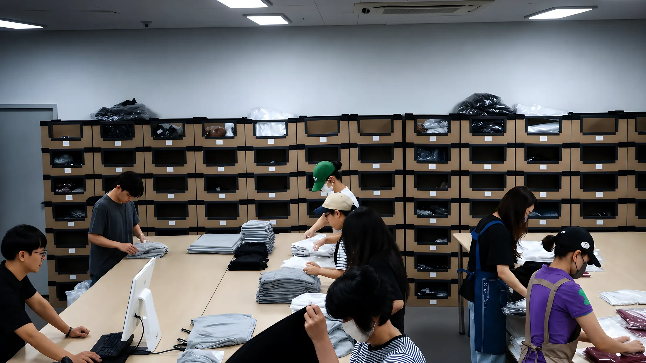모다허브 MODA HUB 의류 3PL 물류센터 1센터 — 상품화·출고 작업대에서 옷을 검수하고 포장하는 모습